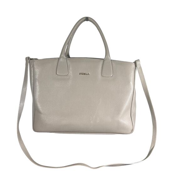 Furla Saffiano Leather Satchel Crossbody Bag Taupe grey Structured Tote Purse - Picture 1 of 14